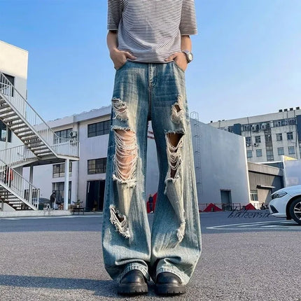Vintage Distressed Wide Leg Men Jeans Korean High Waist Slim Loose Hanging Straight Long Man Pants Summer
