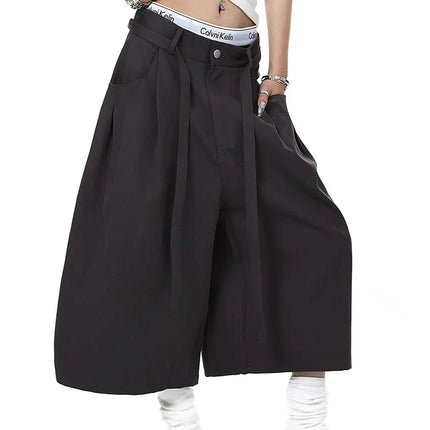 Mauroicardi Spring Summer Loose Soft Baggy Black Scimitar Wide Leg Shorts for Men High Waist Sashes Knee Length Pants Clothes
