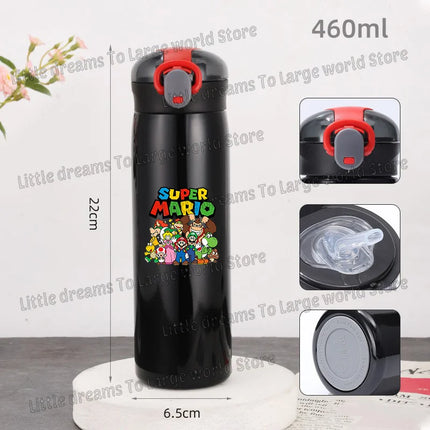 Super Marios Bros 460ml Thermal Cup Men Women Anime Black Straw Bottle Bouncing Lid Portable 304 Stainless Steel Thermo Bottles