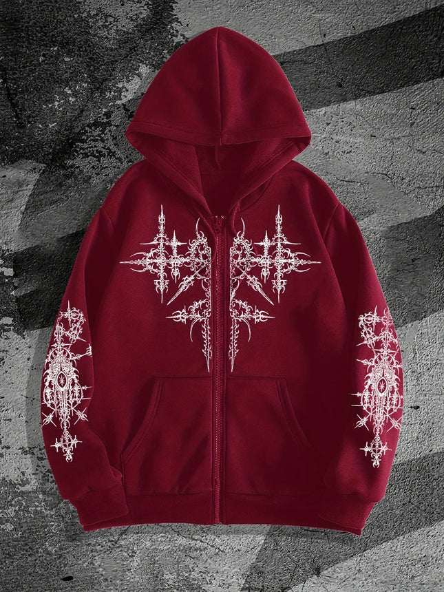 Unisex Gothic Dark Print Zip-Up Hoodie Trendy Streetwear Casual Everyday Fashion Unisex Style Holiday Gift