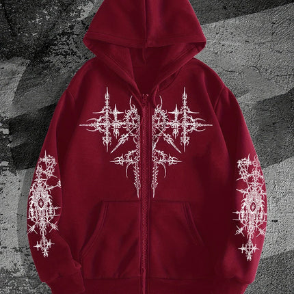 Unisex Gothic Dark Print Zip-Up Hoodie Trendy Streetwear Casual Everyday Fashion Unisex Style Holiday Gift