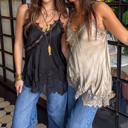 Asymmetrical Backless Spaghetti Strap Tank Cami Shirts Sexy V Neck Silk Camisole Tops Women Coquette Lace Trim Satin Tank Top