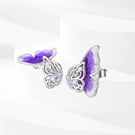 925 Sterling Silver Purple Butterfly Rainbow Flower Stud Earrings for Women Girl Ear Studs Jewelry Fashion Luxury Anniversary
