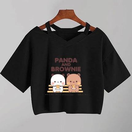 Kawaii Bubu Dudu Anime T Shirt Women Cartoon Panda Bear  Black Shirt Y2k  Aesthetic Female Crop Top