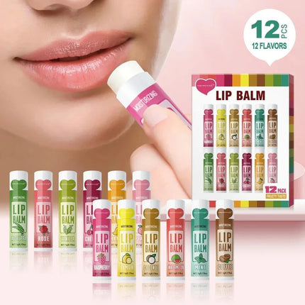 12PCS Moisturizing Fruit Flavor Color Lip Balm Set Hydrating Nourishing Lipstick Set Cracking Lip Care long-lasting moisturizing