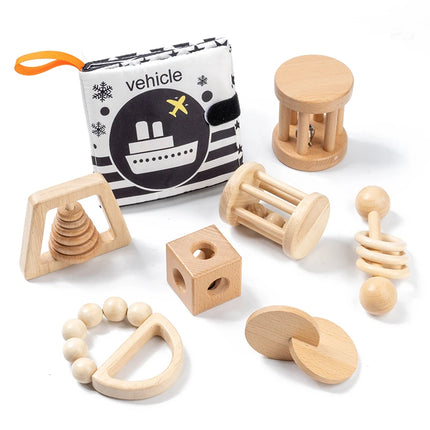 Montessori Wooden Toys Colorful Baby Rattle Set Safe Food Grade Wood Rattle Soother Bracelet  Set Toddler Toy Bell Gift