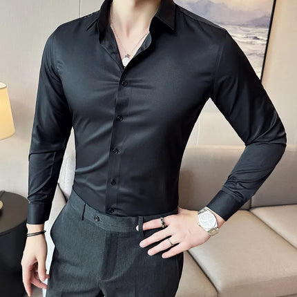Seamless silk business casual shirt, long sleeved white non ironing elastic silk sliding cross shirt, men's formal wear