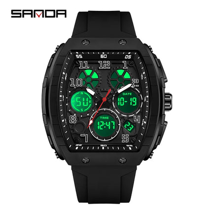 Men Sports Digital Wrist Watches For Male Clock Dual Display Man Tonneau Watches Chronograph Luminous Silicone Band Dropship