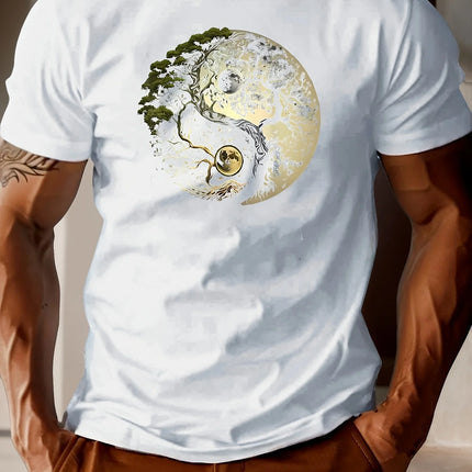 Men's summer 100% pure cotton fashionable casual loose sports yin-yang tree pattern print round neck short-sleeved T-shirt top