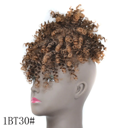 Afro Puff Bun Drawstring Ponytail with Bangs Black Kinky Curly Ponytail Synthetic Updo Hairpiece Wigs For Ladies Women