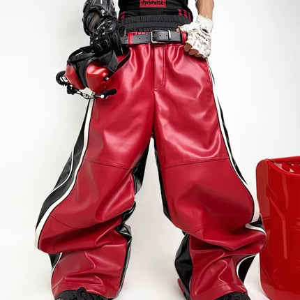 Mauroicardi Autumn Long Patchwork Double Waistband Pu Leather Wide Leg Pants Men Color Block Luxury Designer Clothes Streetwear