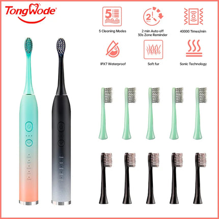 Tongwode Electric Sonic Toothbrush Rechargeable Waterproof Electronic USB Charge Whitening Tooth Brushes Replacement Heads Adult