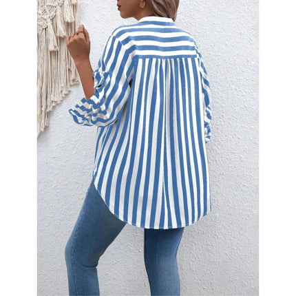 Plus Size 1XL-5XL Women's Fashion Striped Printed Short Sleeve Shirt Ladies Casual  Lapel Shirt Loose And Elegant Button Shirt