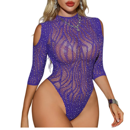 Ladies Sexy Purple Bikini Lingerie with Rhinestones Backless See-through Sleepwear European Style Erotic Clothing