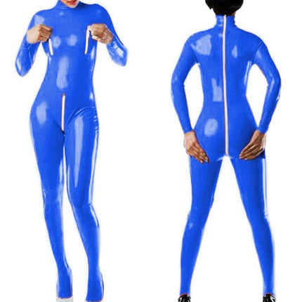 Sexy Faux Leather Jumpsuits for Women High Collar Zipper Open Crotch Open Chest Wet Look Bodysuits Nightclub Clothing Custom