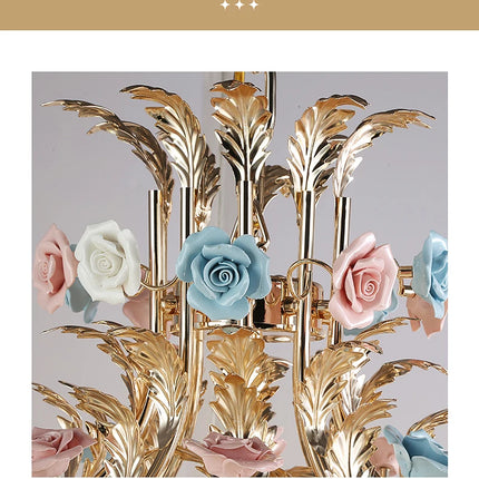 European Floral Design Chandelier Modern Rose Decorative Chandelier Lighting Nordic Living Room Ceramic Flower Chandelier