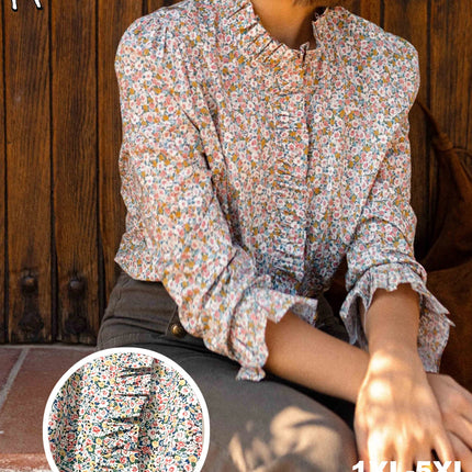 Plus Size Floral Print Blouse, Ruffled Placket & Cuffs with French Buttons, Flared Hem Office & Vacation Top