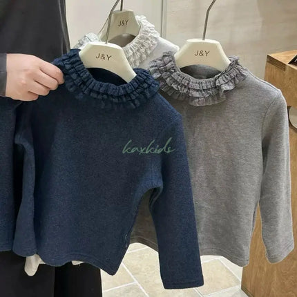 Girls' Autumn and Winter New Velvet Base Shirt 2025 New Stylish Design Solid Color Three-layer Lace Long Sleeved Top