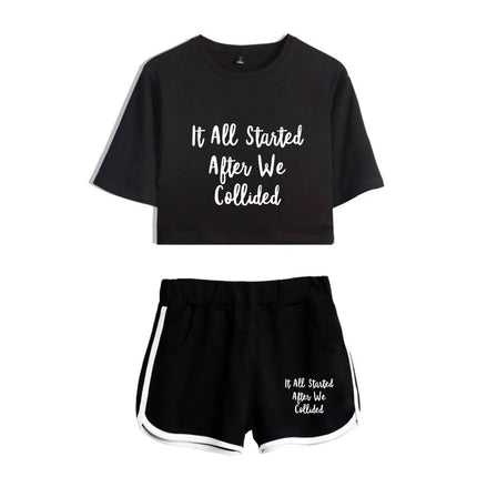 Youthful Black White After We Collided Girl Dew navel Two Piece Set Sexy Short Sleeve Crop T-shirts+Shorts Pants Tracksuit
