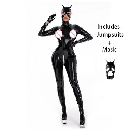 Sexy Wetlook Latex Catsuit With Mask PVC Faux Leather Jumpsuit Lady Erotic Costume PU Lingerie Faux Leather Cat Women Jumpsuit