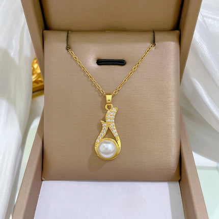 XIYANIKE316L Stainless Steell Necklace Earring Set For Women Pearl Zircon Water Droplet Design Personal Clavicle Chain Ear Studs