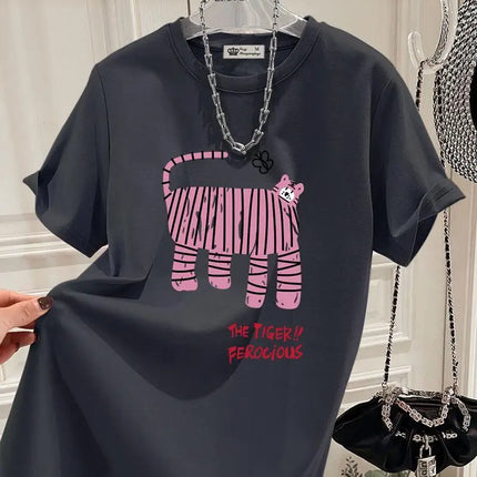 Summer New Fun Tiger Cartoon Print T-shirts Women Clothing Fashion All-match Pure Cotton Short Sleeve Top Tee Y2k Loose Pullover