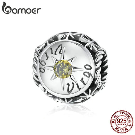 BAMOER Zodiac Star Sign 925 Sterling Silver Charm Beads Fit for Charm Bracelets, 12 Constellations Cubic Zirconia Charm SCC1725