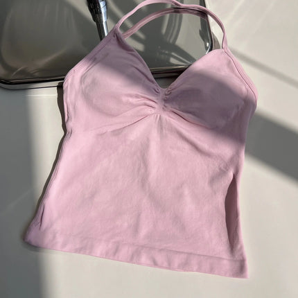 Longline Strappy Gym Top Custom Logo Backless Gym Clothes Women Scrunch Built-in Bra With Removable Cups Yoga Tank Tops