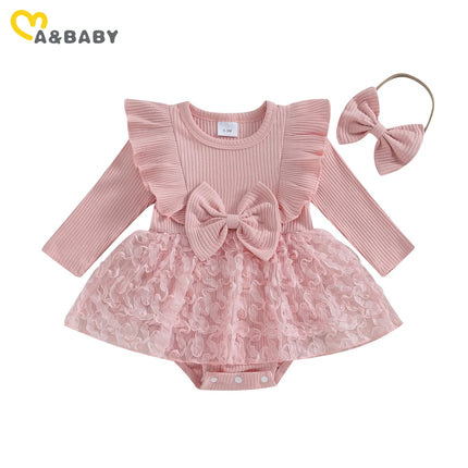 ma&baby 0-18M Baby Girl Romper Newborn Infant Jumpsuit Fall Spring Long Sleeve Lace Ruffle Clothes Headband Outfits