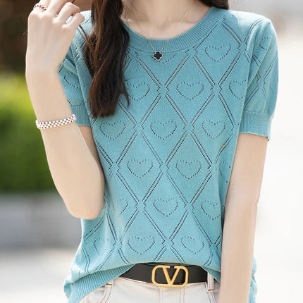 New Summer Fashion 100% Pure Cotton Women's Sweater Short sleeved Casual O-neck Pullover T-shirt Loose Knitted Hollow Top
