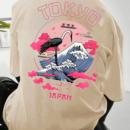 Men's Summer 100% Cotton Tokyo Casual Pattern Printed Fashionable Loose Round Neck Short Sleeve T-Shirt Top