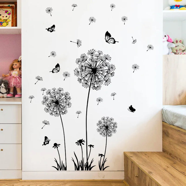 Black dandelion butterfly sticker for living room bedroom decoration self-adhesive wall decor