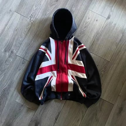 2026 Autumn Winter New Retro Flag Hooded Sweatshirt Zipper Jacket Relaxed Daily Casual Street Fashion Men Women Hoodie