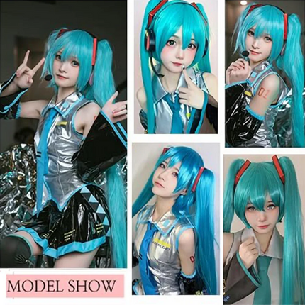 Miku Cosplay Wig 110cm Long Blue Green Double Ponytails Synthetic Fiber Hair for Anime Halloween Christmas Party