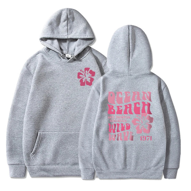 Ocean Beach Wild Wave Printed Y2K Hoodies Women Fashion Aesthetic Pink Floral Streetwear Autumn Long Sleeve Hip Hop Sweatshirt