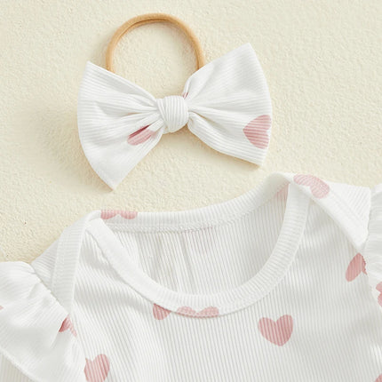 Pudcoco Infant Baby Girls 3Pcs Spring Outfits Heart Print Romper Suspender Skirt Headband Set Newborn Clothes 0-18M