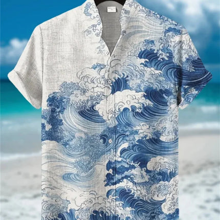 Men's Summer Short Sleeve Shirt Cute Cat Printed Stand up Collar Linen Button up Fashion Designer Party Costume Top