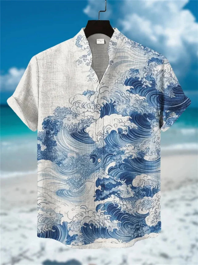 Men's Summer Short Sleeve Shirt Cute Cat Printed Stand up Collar Linen Button up Fashion Designer Party Costume Top