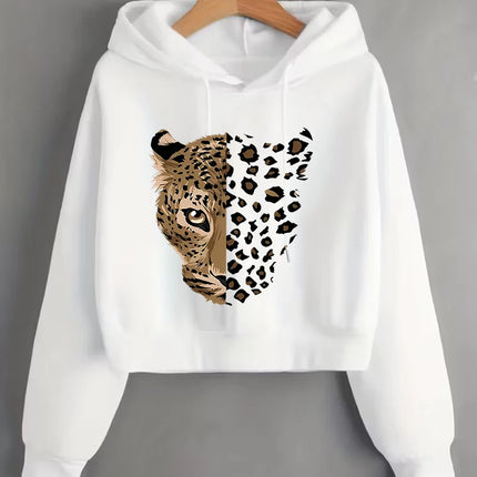 Fashion Leopard Tiger Print Autumn Winter Cropped Sweatshirt Crop Top Hoodie Y2k Sweatshirts Gothic Casual Style Clothes
