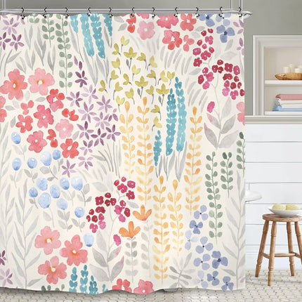 Pink Green Flower Bathroom Shower Curtain Watercolor Botanical Spring Blush Cute Plant Polyester Fabric Hooks Waterproof Decor