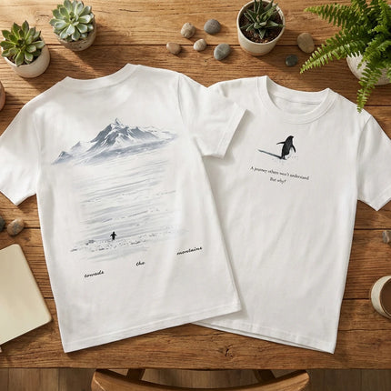Y2K Harajuku Casual Minimalist Penguin Snow Mountain Reflection Print T-Shirt Men's and Women's White Trendy Loose Fitting T-Shirt
