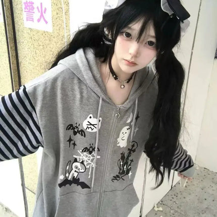 Gothic Y2k Coats Harajuku Gothic Women Hooded Zip Up Patchwork Japanese Fashion Sweatshirts Slim Gyaru Grunge Autumn Jackets