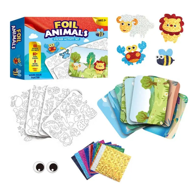 Foil Cartoon Stickers Set for Kids Creative Education Toys Animal Foil Art Craft Kit for Back to School Easter Birthday Gifts