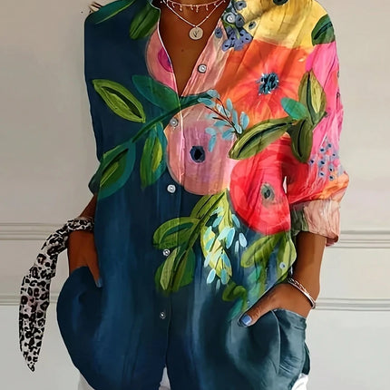Plus Size 2025 Spring/Summer New Large Size Casual Flip Neck Spring & Autumn Women's Floral Tops 100% Polyester