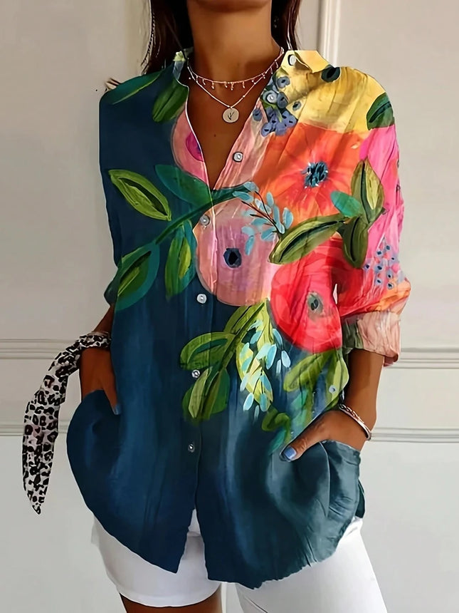 Plus Size 2025 Spring/Summer New Large Size Casual Flip Neck Spring & Autumn Women's Floral Tops 100% Polyester
