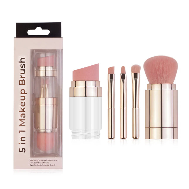 5-in-1 Detachable Travel Makeup Brush Set, Powder Eyeshadow Blush Brush with Vegan Synthetic Bristles, Multi-Functional Beauty