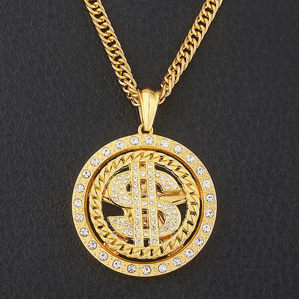 Big Rotatable US Dollar Money Sign Pendant Necklace Men Rapper Hip Hop