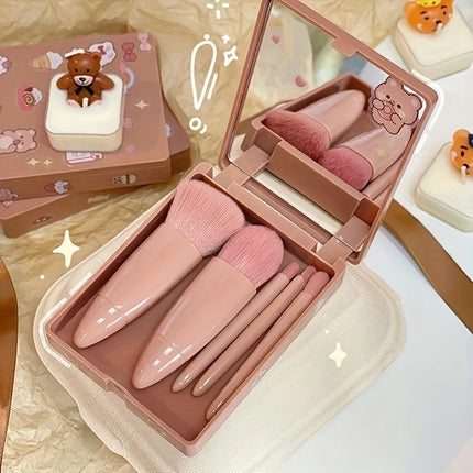Mini Makeup Brush Set Travel Makeup Brush Set，5Pcs Portable Makeup Brush Set With Mirror -  Foldable Travel Kit