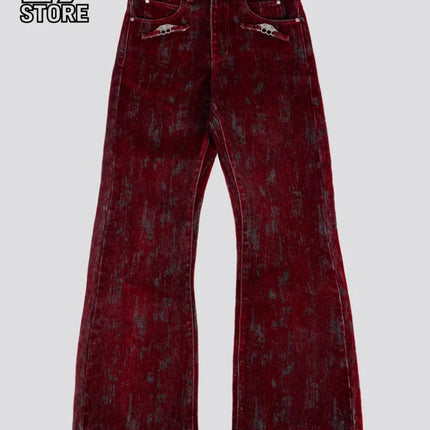 Mens Jeans American Vintage Flocked Flared Denim Pants Harajuku Unisex Loose Fit High Street Streetwear Ins Style Fashion New