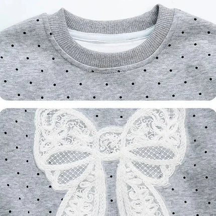 Toddler Baby Girl Big Lace Bow Sweatshirt Casual Infant Cotton Loose Dot Pullover Children Round Neck Long Sleeve Top Clothes